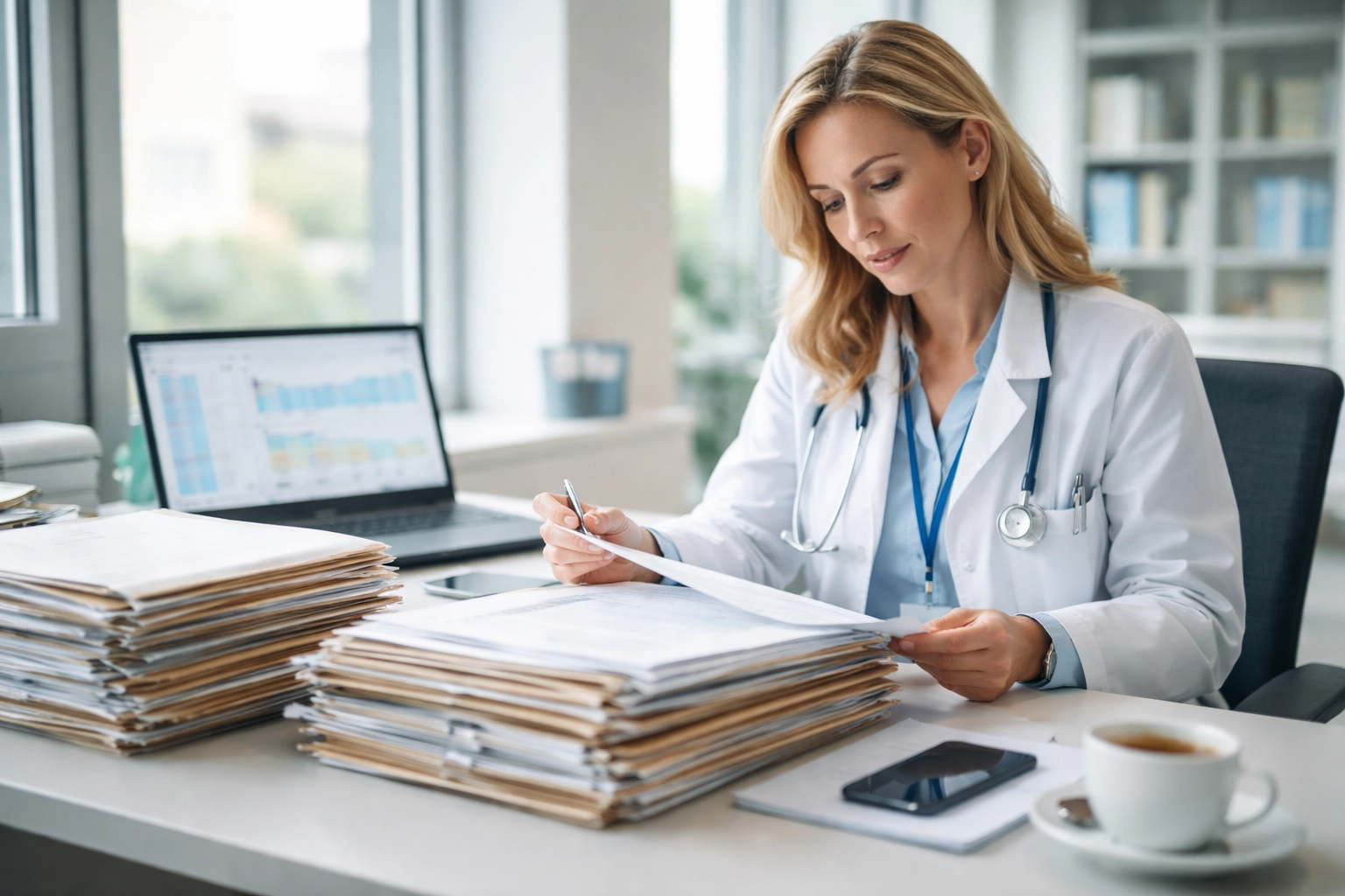 Medical compliance officer reviewing files and charts in a healthcare office, illustrating Medicaid audit preparation in behavioral health.