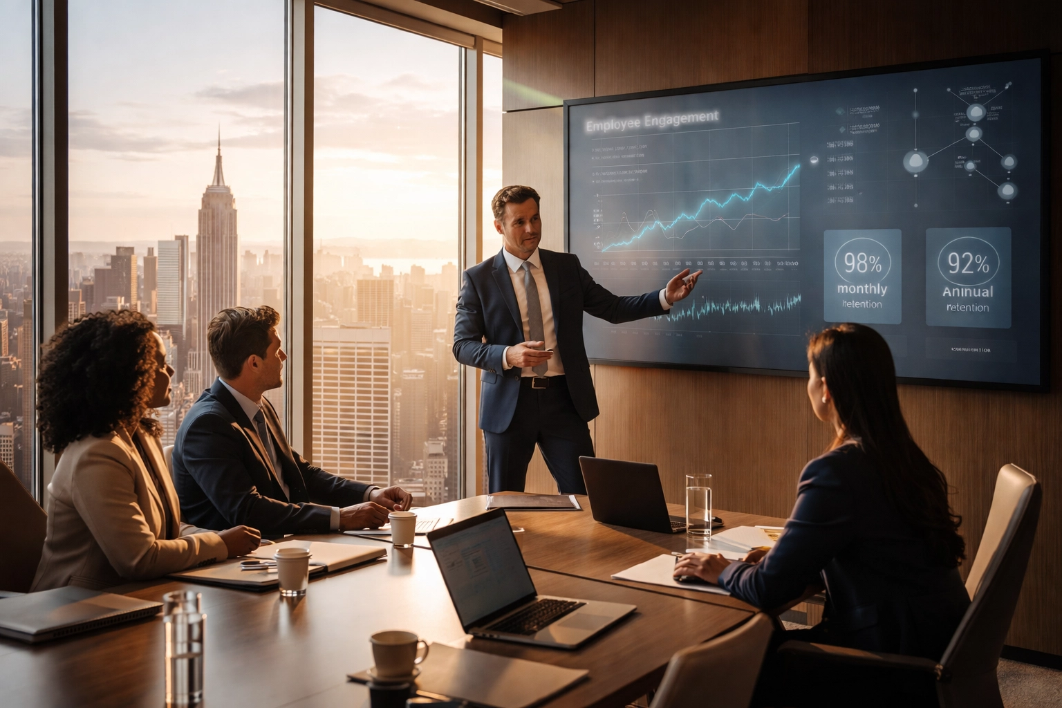 Diverse executive team reviews employee engagement data in a modern Manhattan office with the NYC skyline.