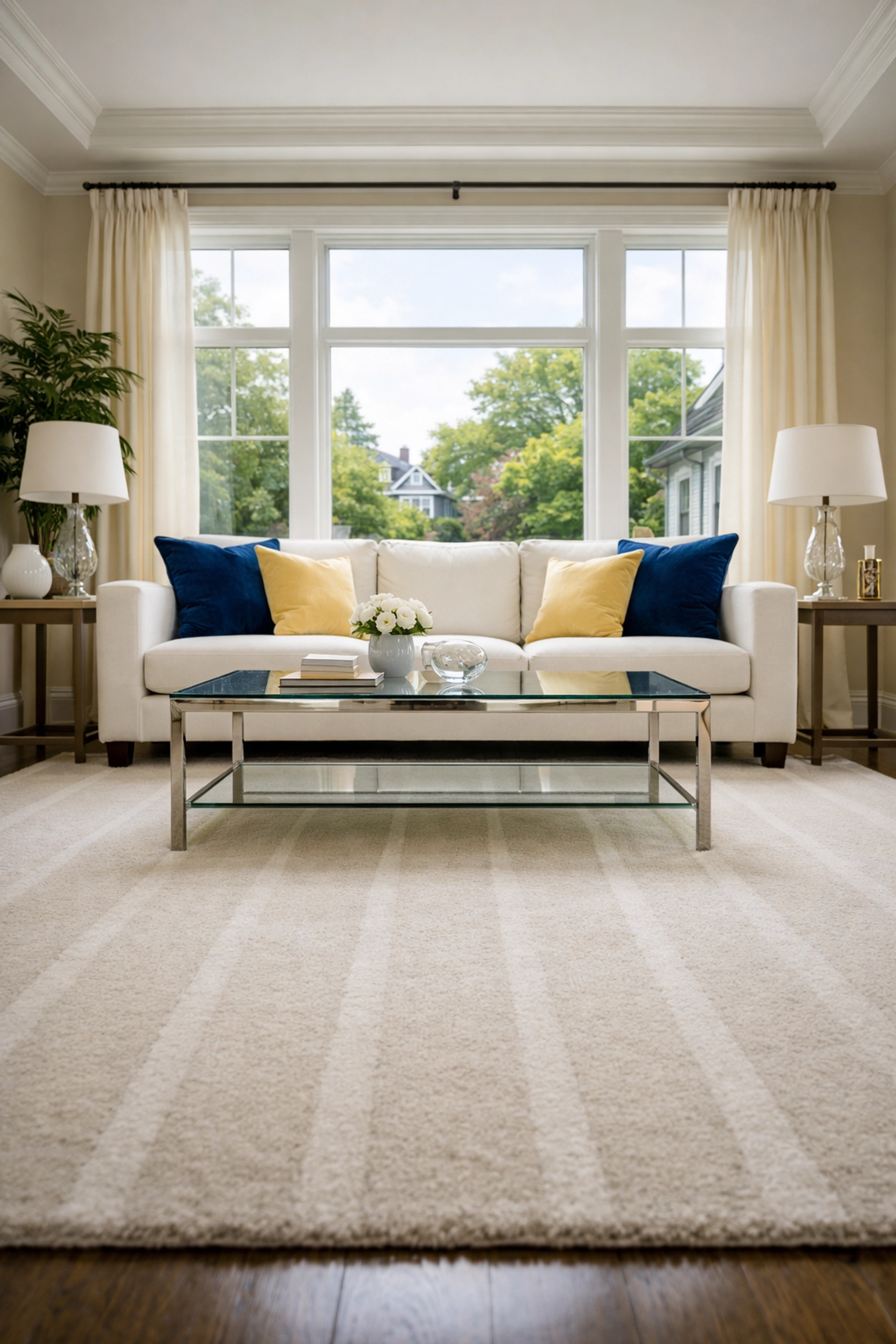 Clean Worcester living room with a perfectly vacuumed area rug from regular professional house cleaning.