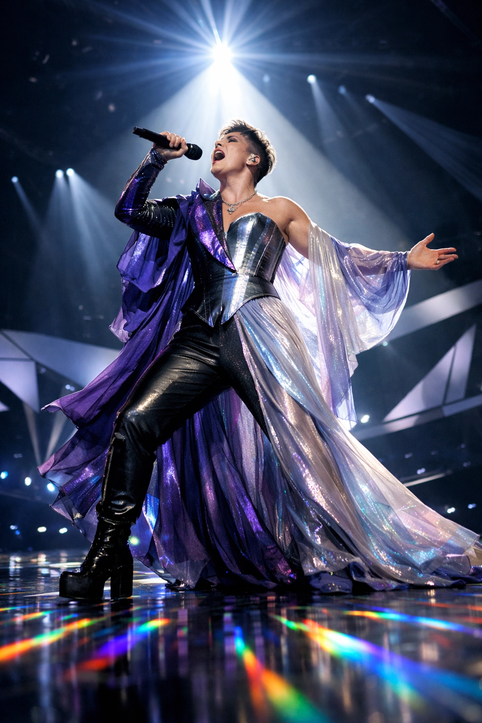Non-binary Eurovision performer on stage breaking gender barriers with powerful performance