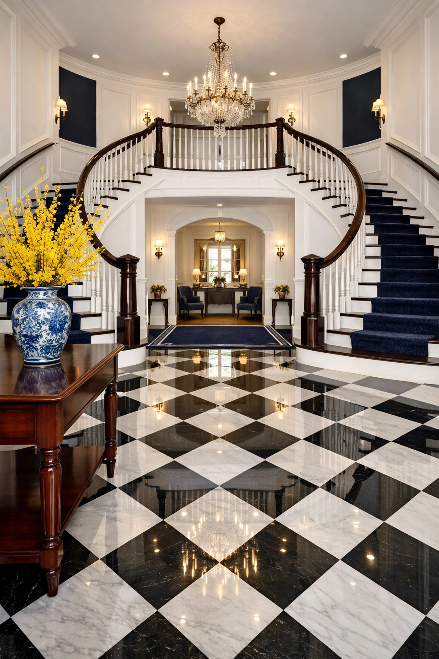 Grand estate foyer with polished marble floors from elite professional cleaners in Boston suburbs.