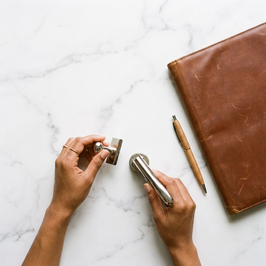 Mobile notary preparing to stamp documents for Fort Greely military families at home