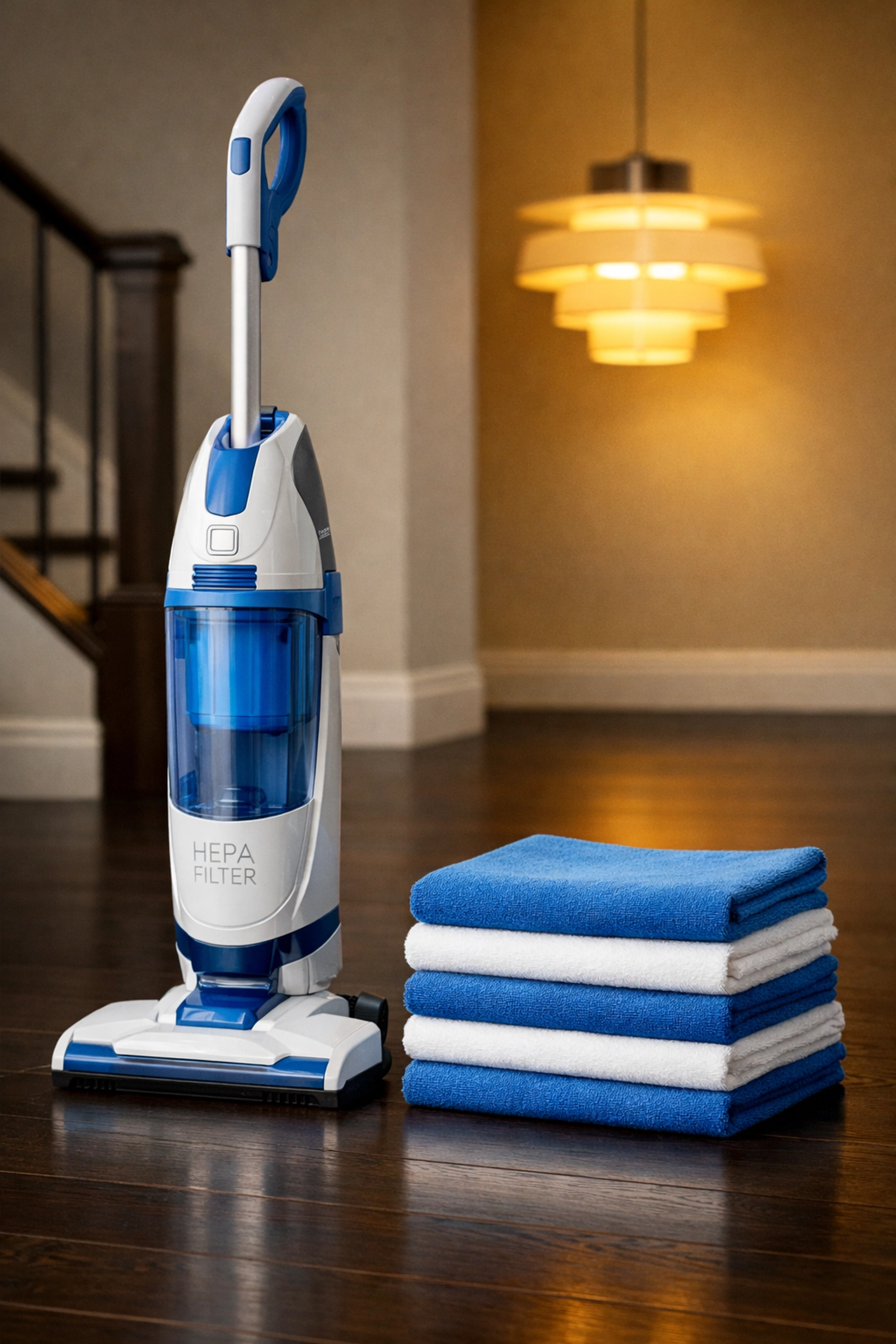 HEPA-filter vacuum and fresh microfiber cloths ready for professional residential cleaning in Needham.