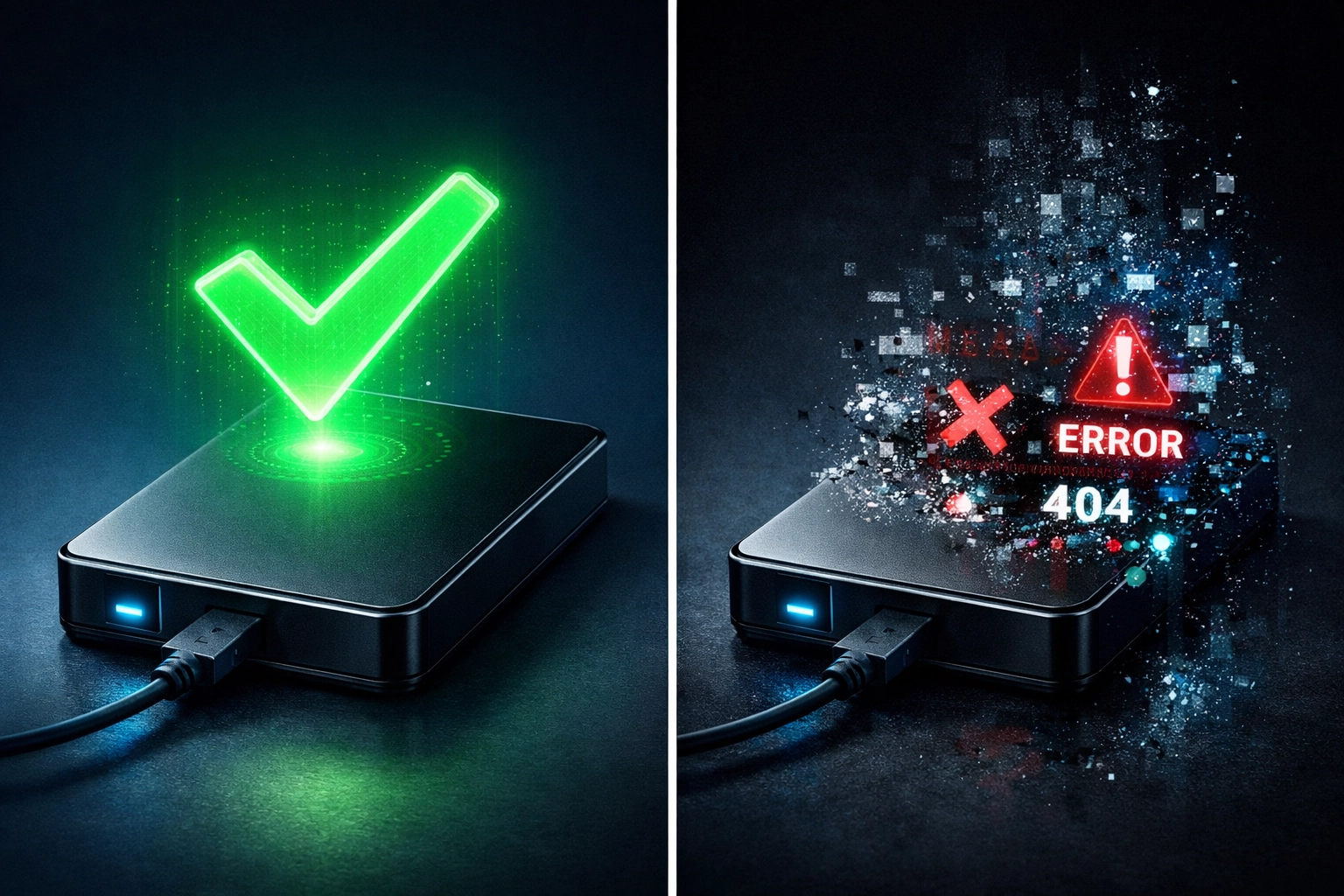 Successful backup versus corrupted backup showing data integrity testing failures