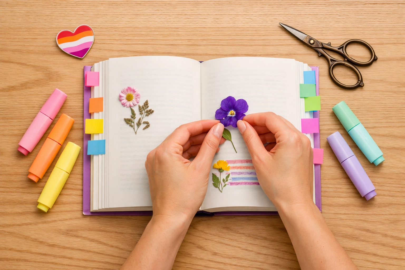 Hands personalizing a book with colorful sticky tabs and a pressed flower bookmark.