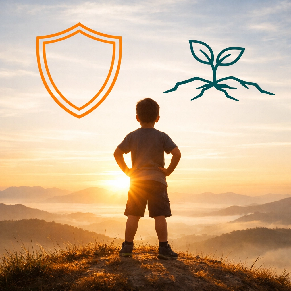 Confident young boy at sunrise representing a solid foundation of grit and faith-based resilience.