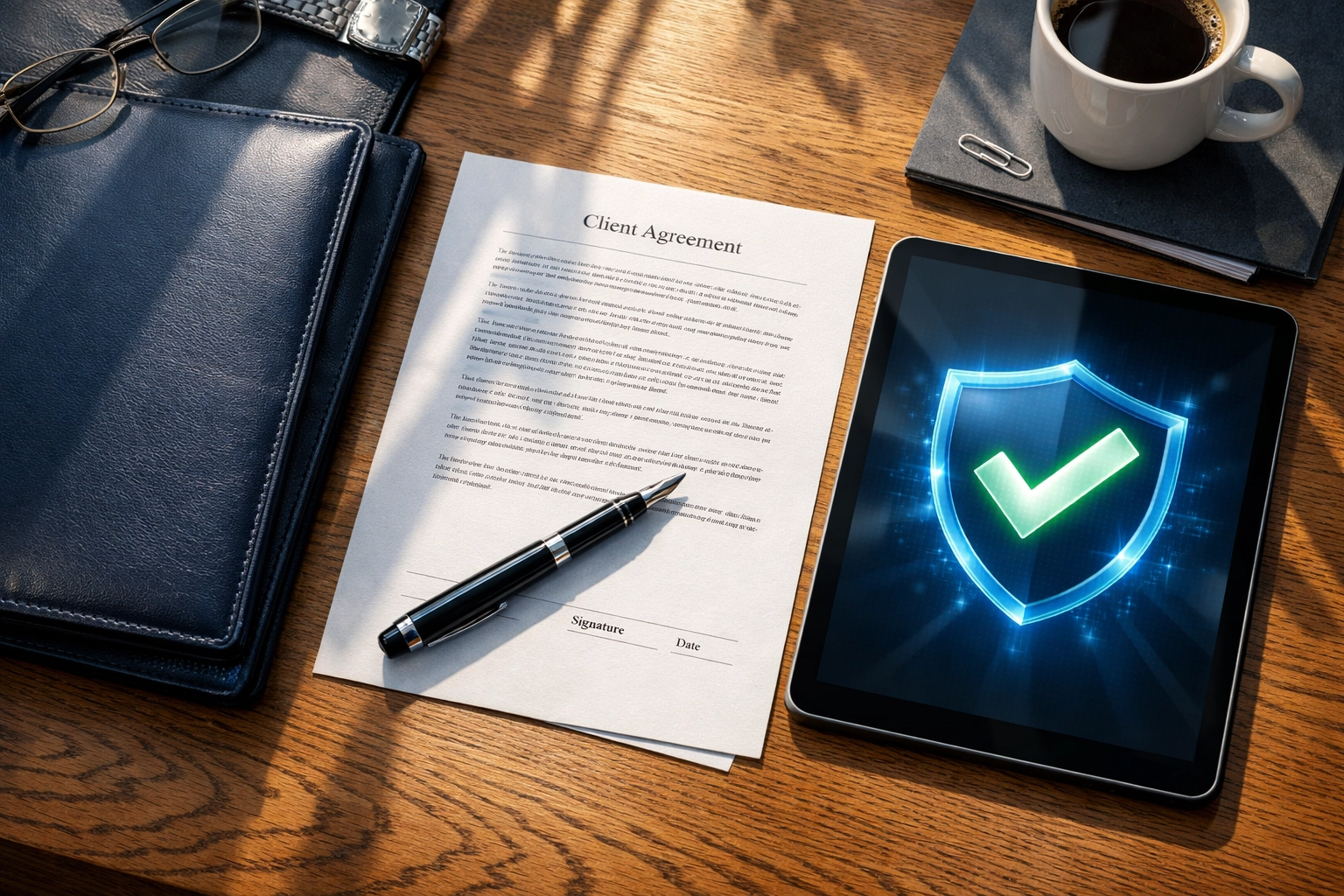 Verified tax preparation services desk with secure digital checkmark on tablet and professional documents.