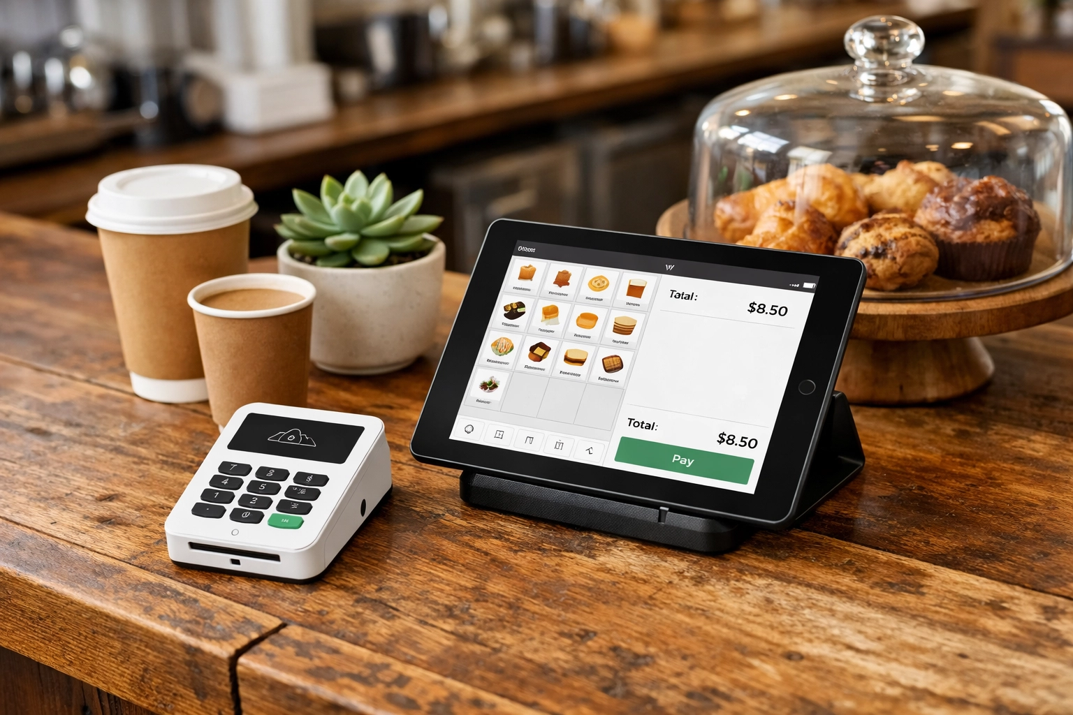 SumUp card reader and tablet POS setup on coffee shop counter with pastries