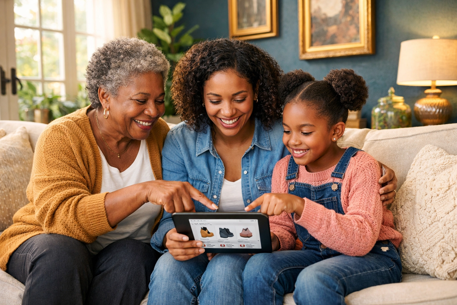 Three generations of Black family shopping together supporting Black-owned businesses online