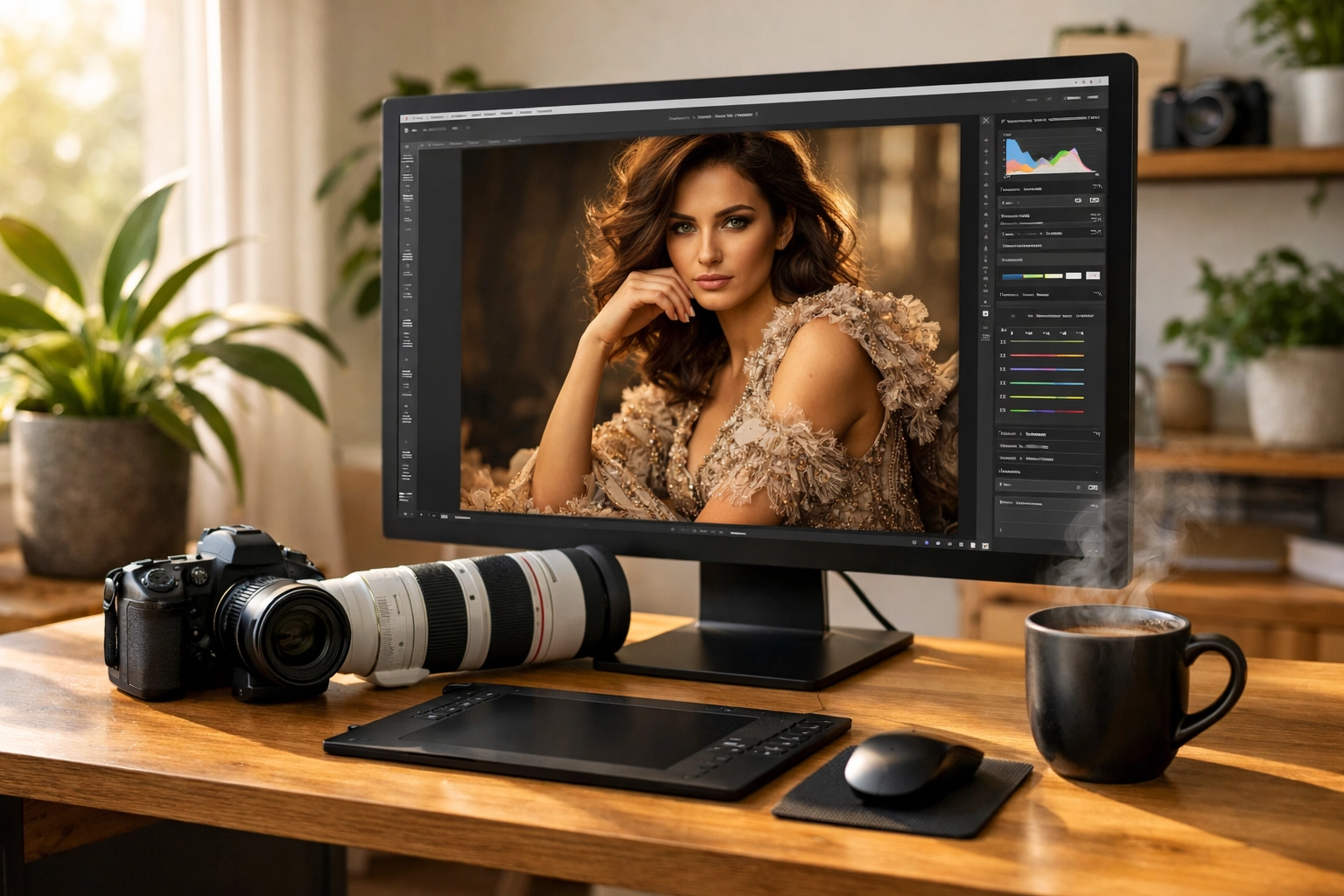 Professional photography editing workspace showcasing a high-resolution portrait workflow and digital file management.