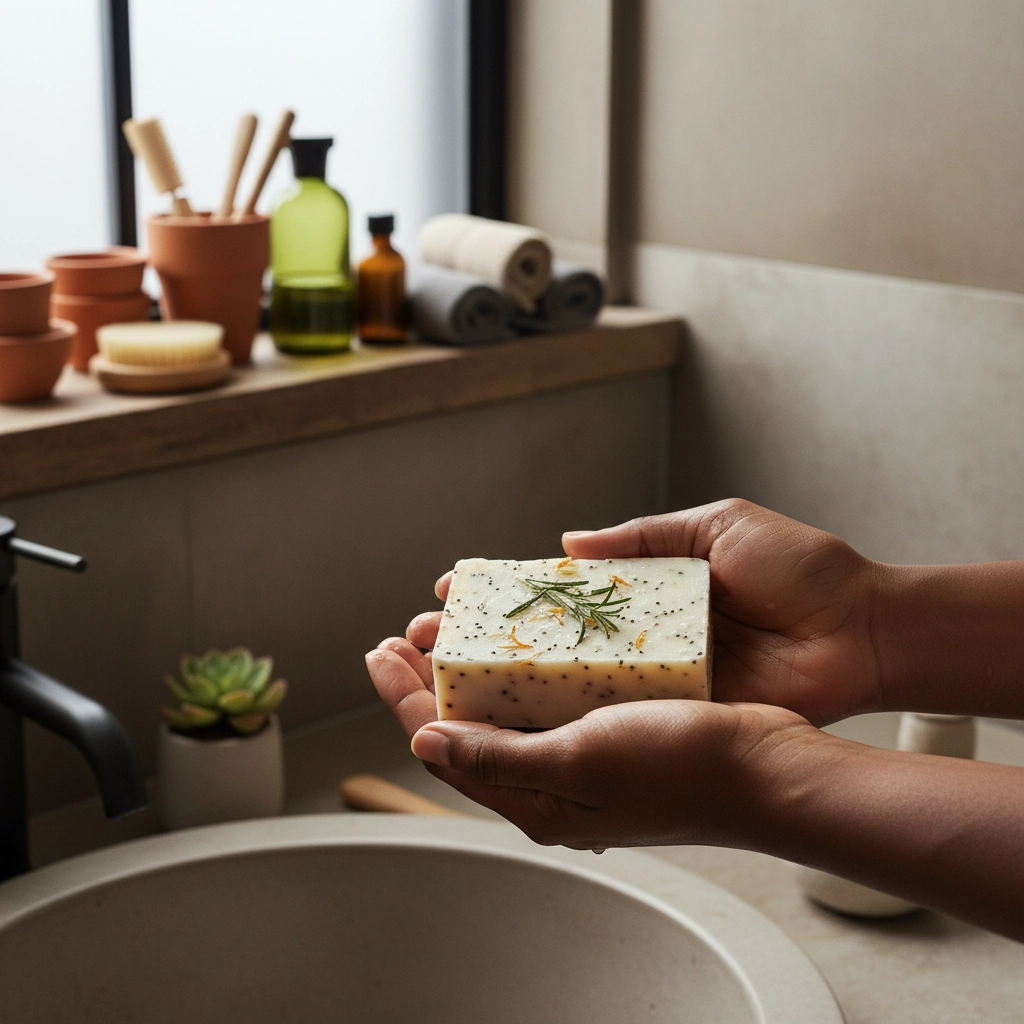 Black woman relaxing in a candlelit bath, soft steam rising in a calm, luxurious setting