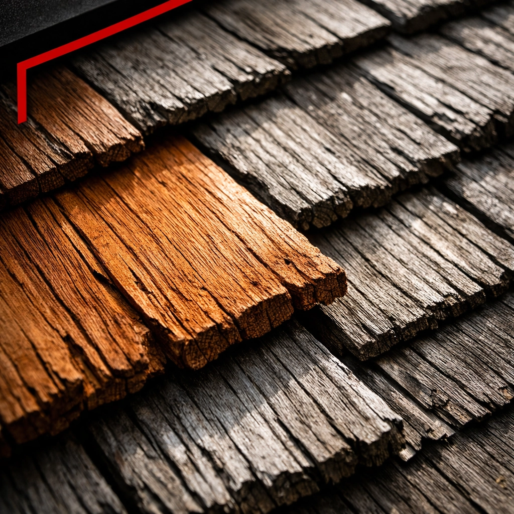 Weathered cedar shake shingles showing natural aging from honey-brown to silver-gray patina