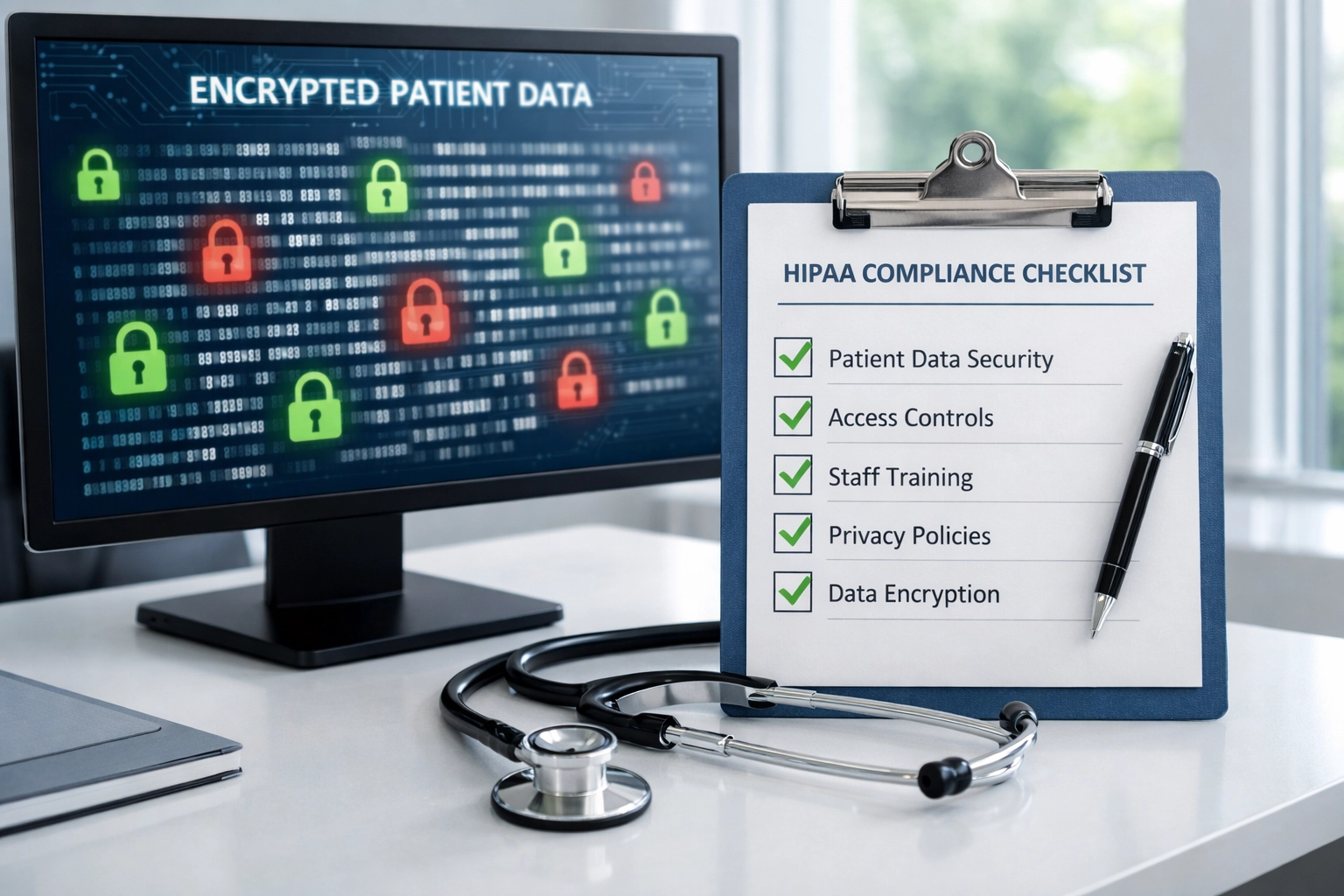 HIPAA-compliant medical office workspace with encrypted patient data and compliance checklist