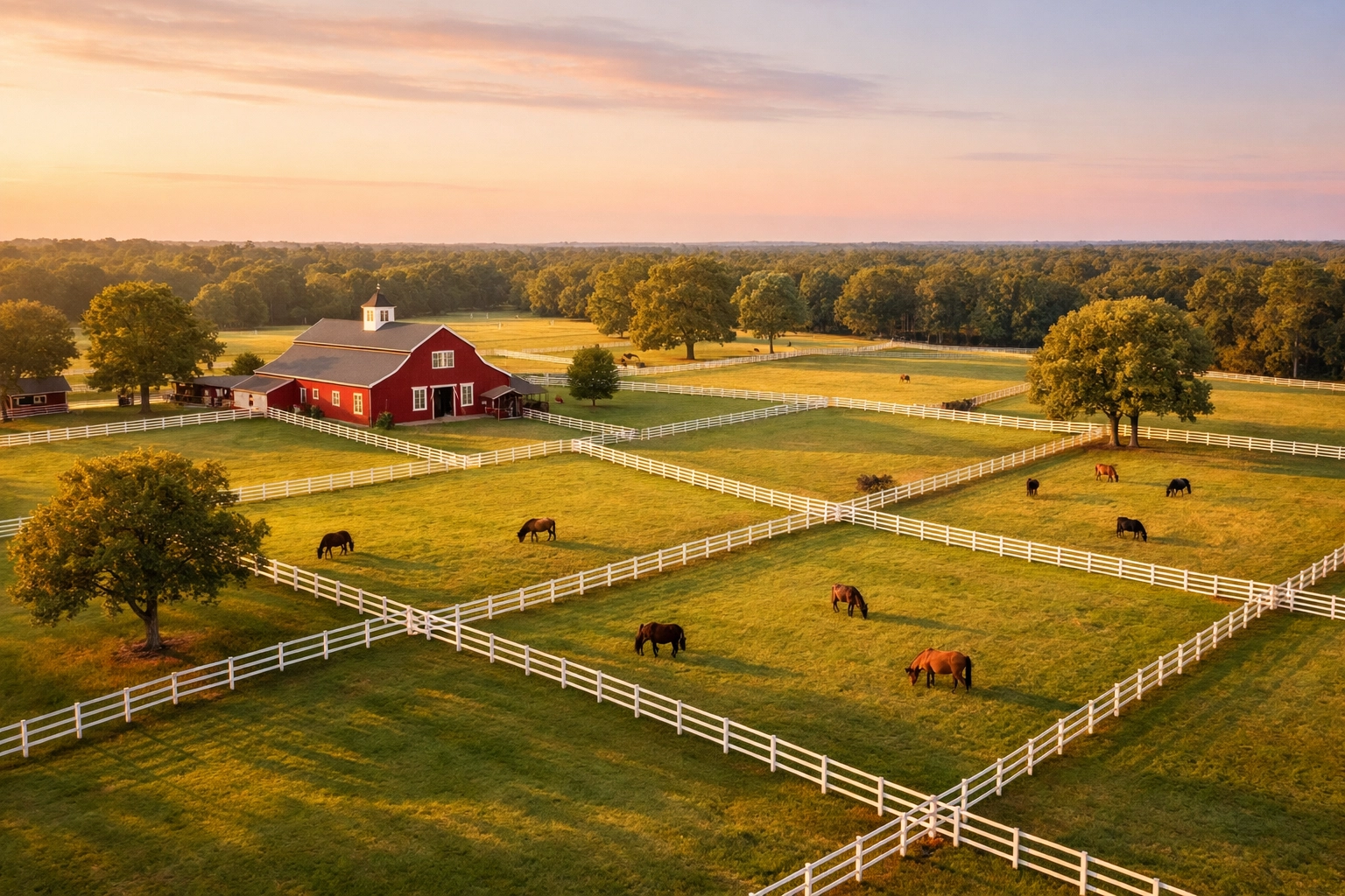 Aerial view of horse farm for sale in Waxhaw NC with white fencing, barn, and grazing horses