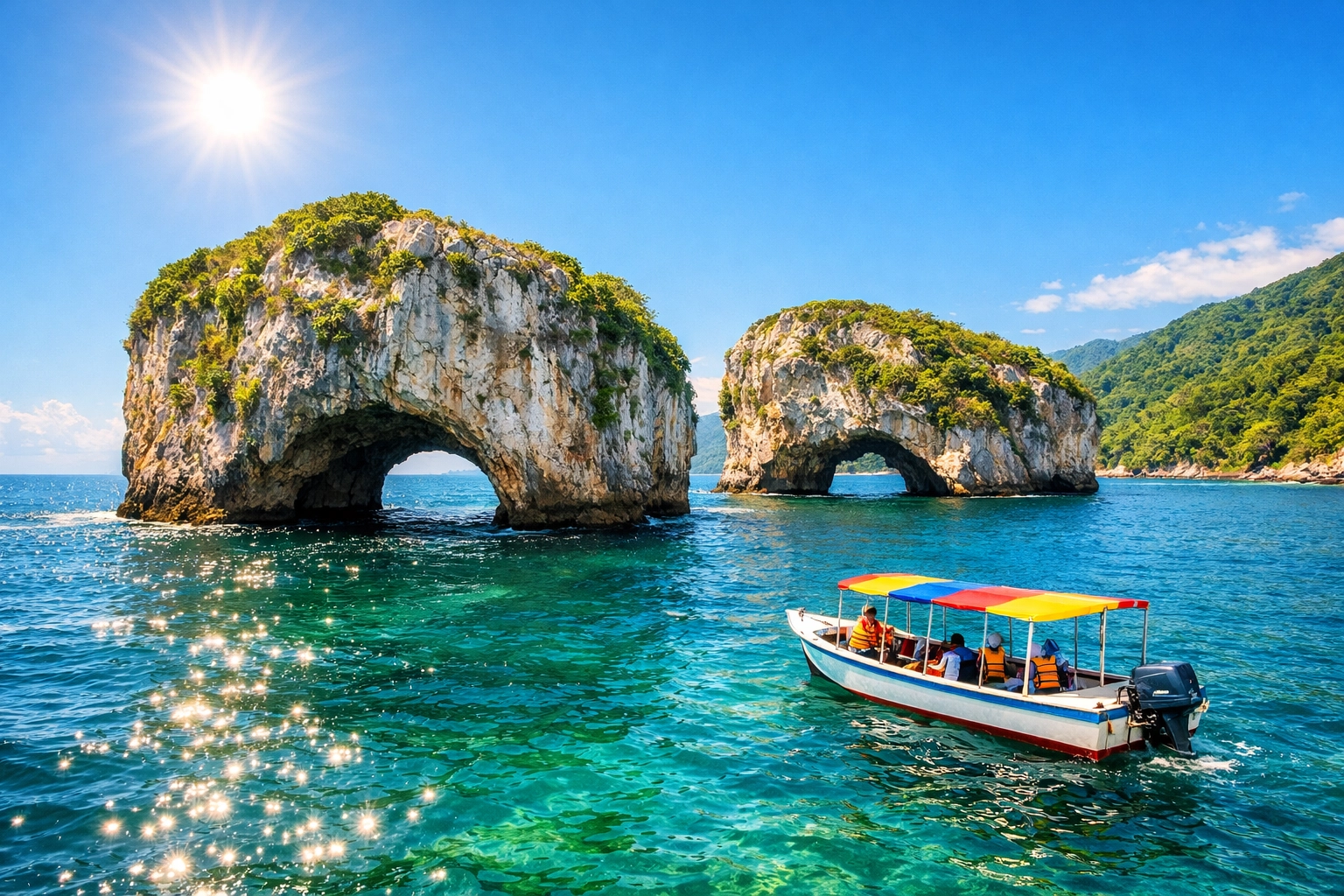 Iconic Los Arcos de Mismaloya rock arches in Puerto Vallarta, a top hidden gem for snorkeling.