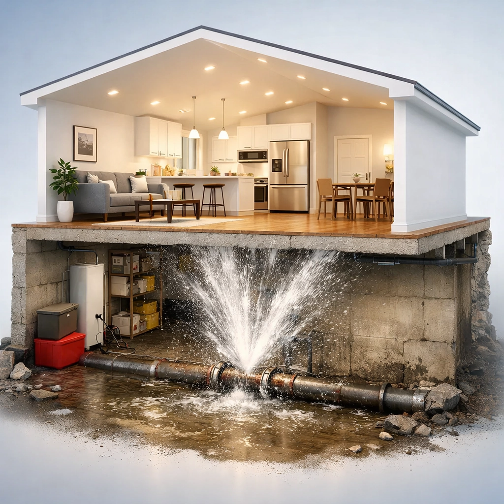 Burst water pipe flooding basement while upper floors remain intact during home travel absence