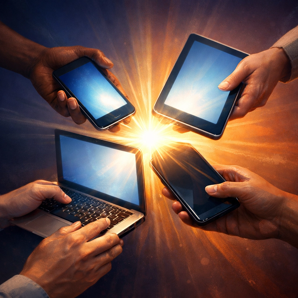 Hands holding digital devices symbolizing connected faith community