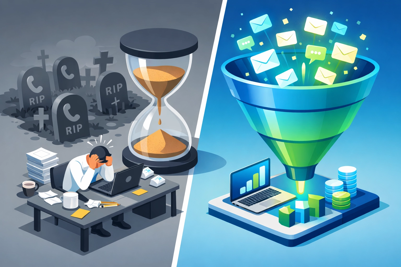 Comparison of a failing manual answering service versus a high-speed AI lead capture system.