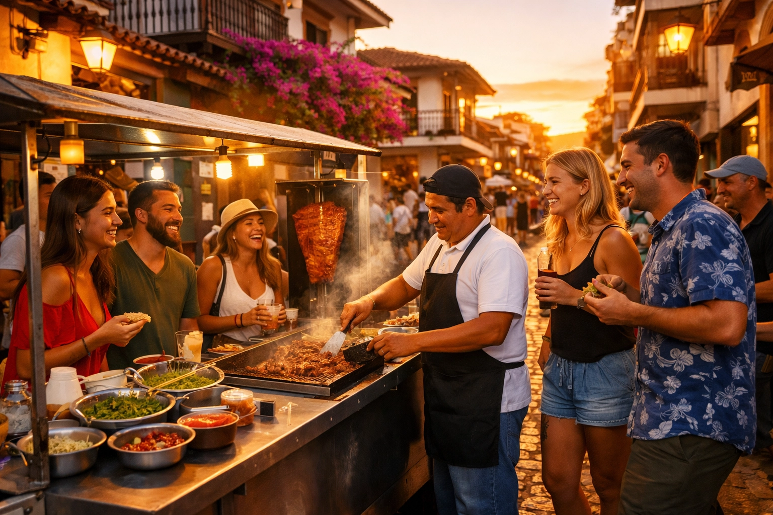 Vibrant street taco stand in Puerto Vallarta's Old Town, highlighting the local lifestyle for remote workers.