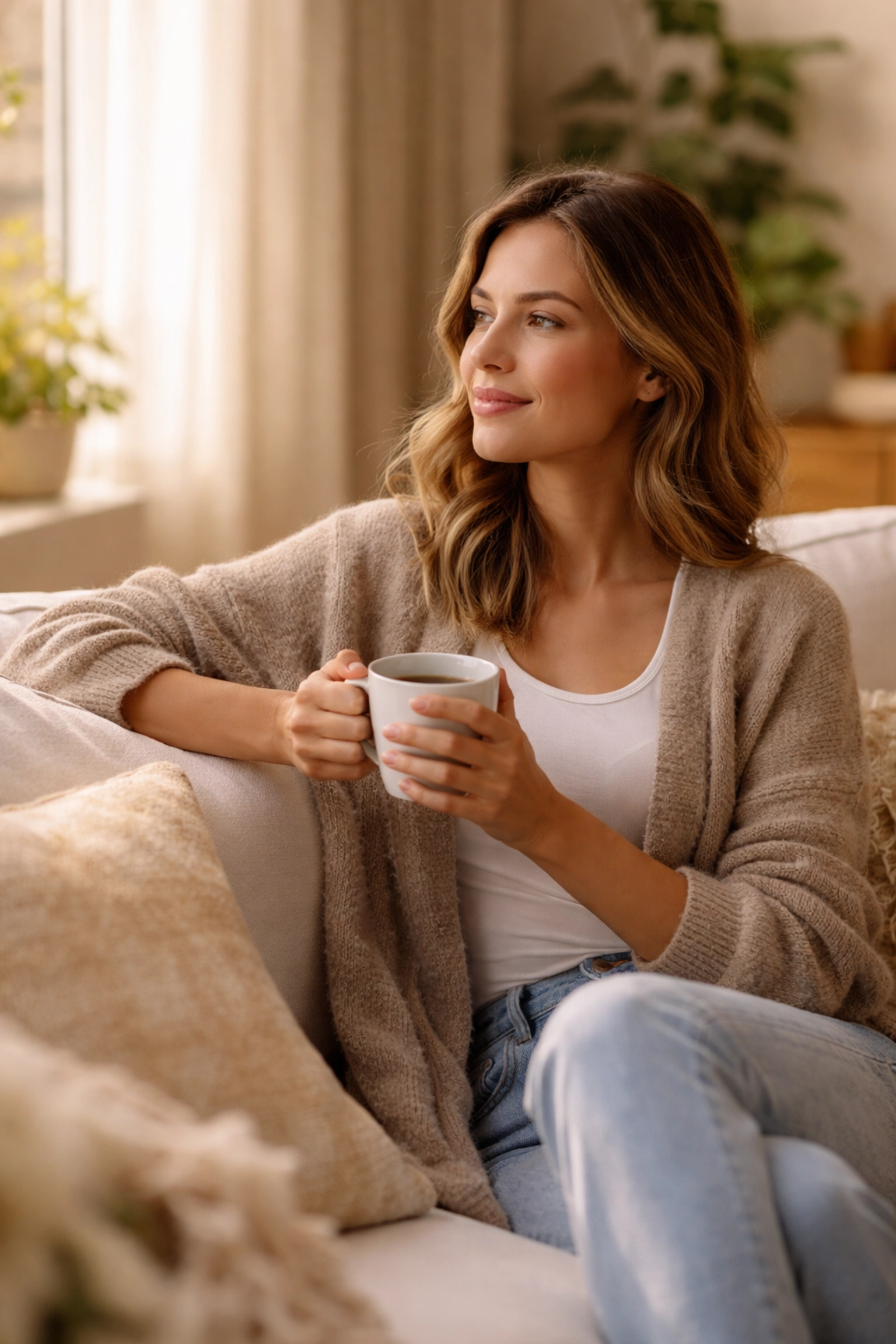 Confident Wisconsin woman relaxing at home, contemplating surrogate requirements and a healthy pregnancy journey.