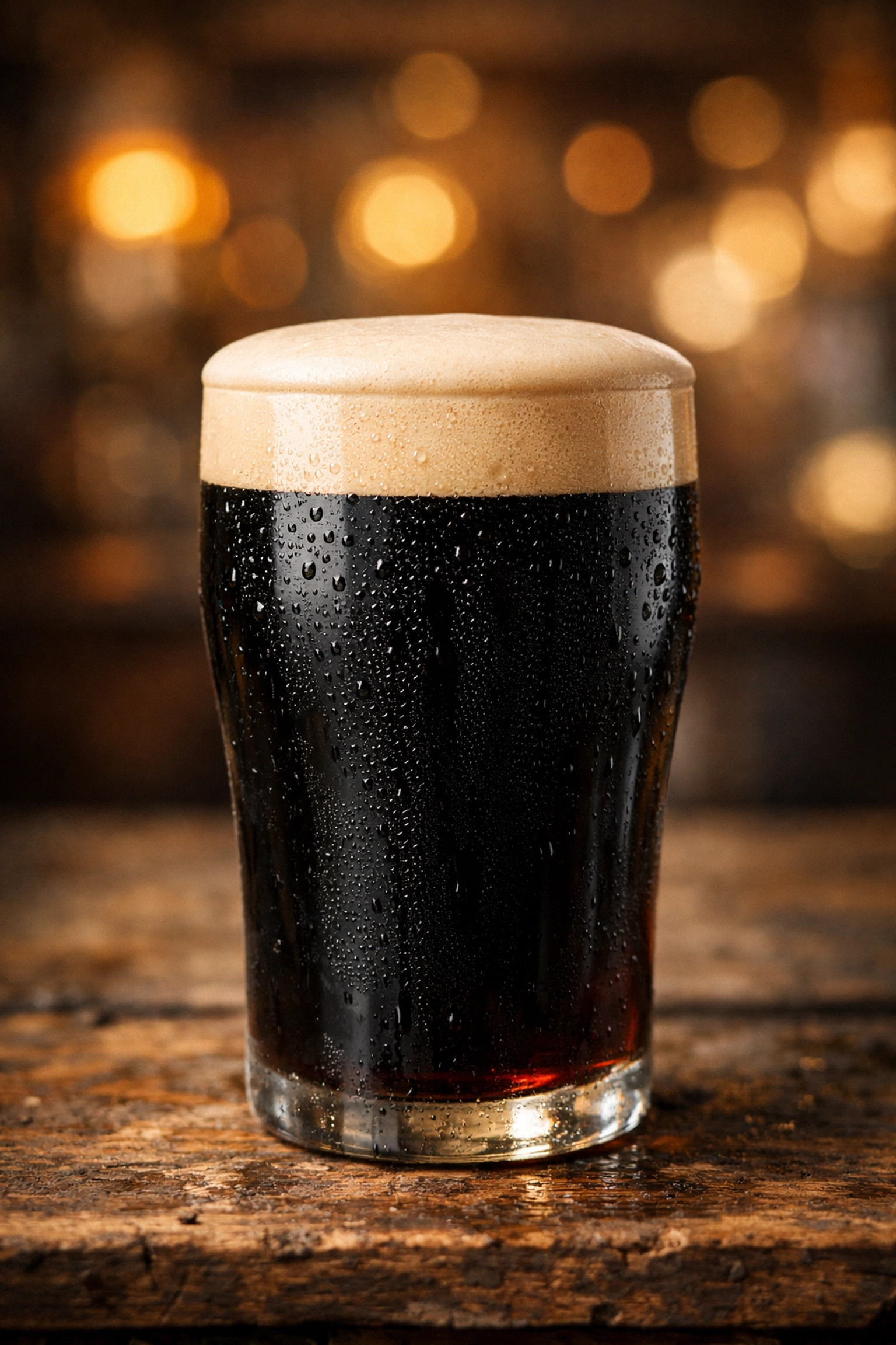 A cold, creamy pint of dark Irish stout on a wooden table inside a cozy Montreal tavern.