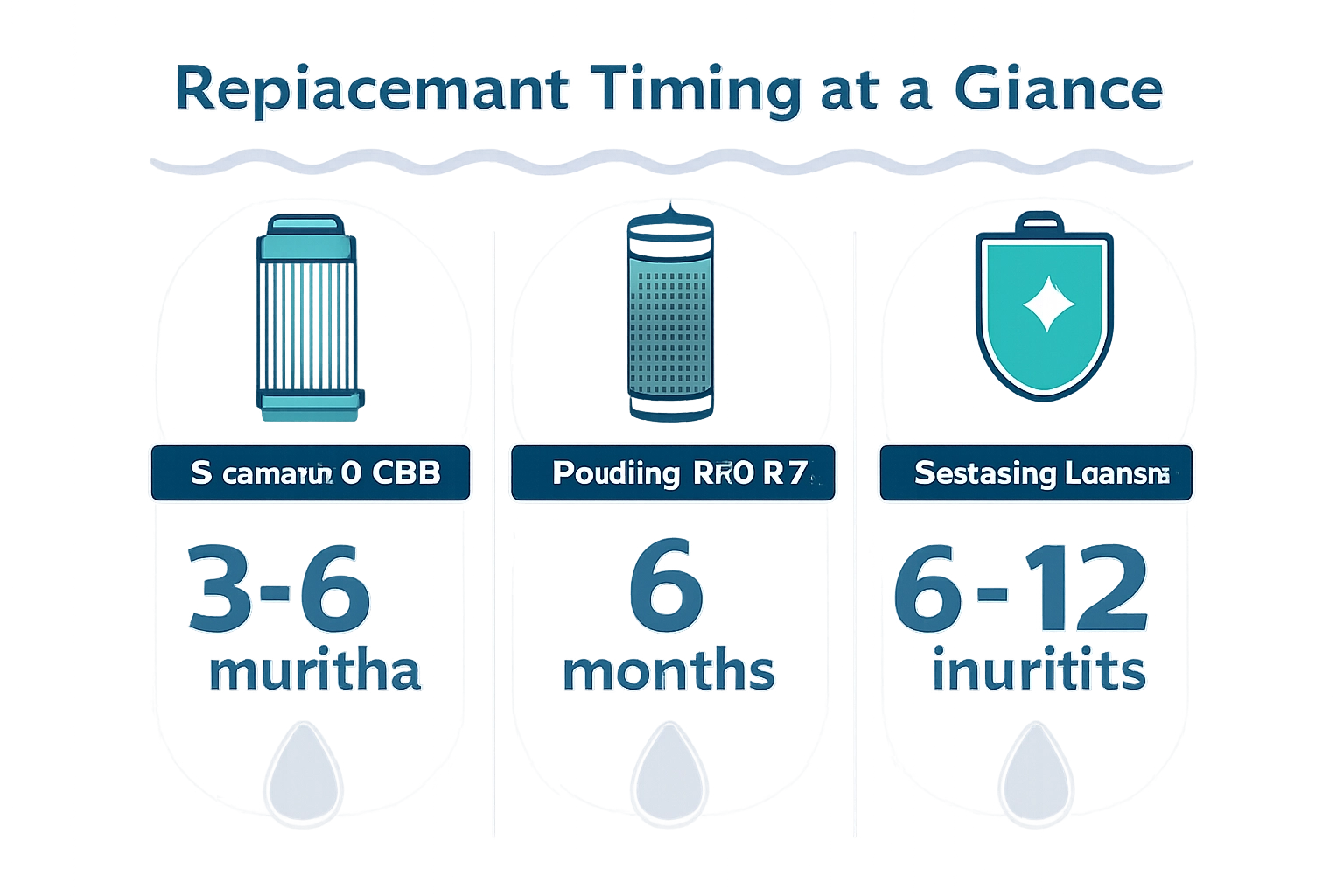 Infographic showing RV water filter cartridge replacement timing ranges for sediment, carbon, and specialty filters