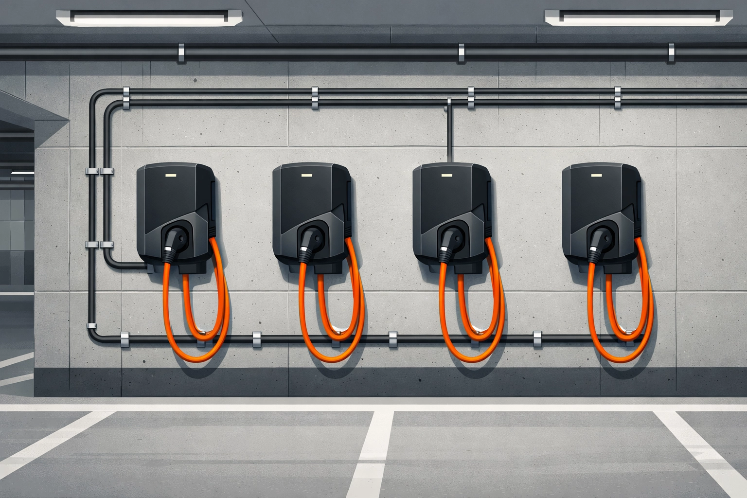 Wallbox-Ladeinfrastruktur in Tiefgarage für E-Mobilität im Wohnbau