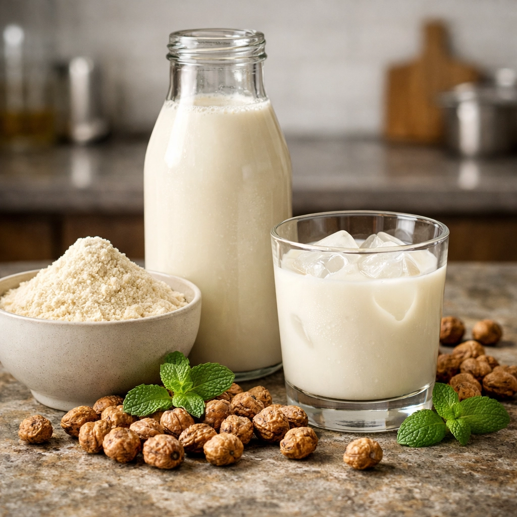 Premium Nigerian tiger nuts displayed as raw tubers, flour, and plant-based milk for wholesale sourcing.