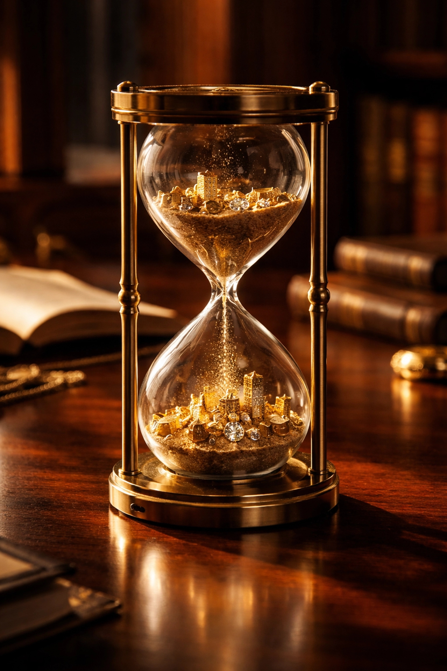 Hourglass with golden sand and symbols of wealth, representing long-term commitment and patience in exclusive investments.