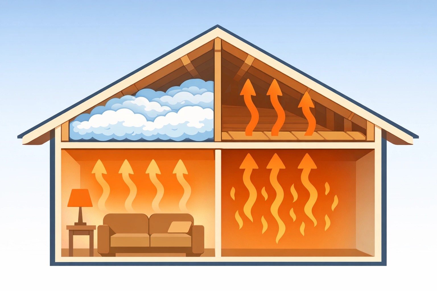 House cross-section showing loft insulation preventing heat loss through the roof
