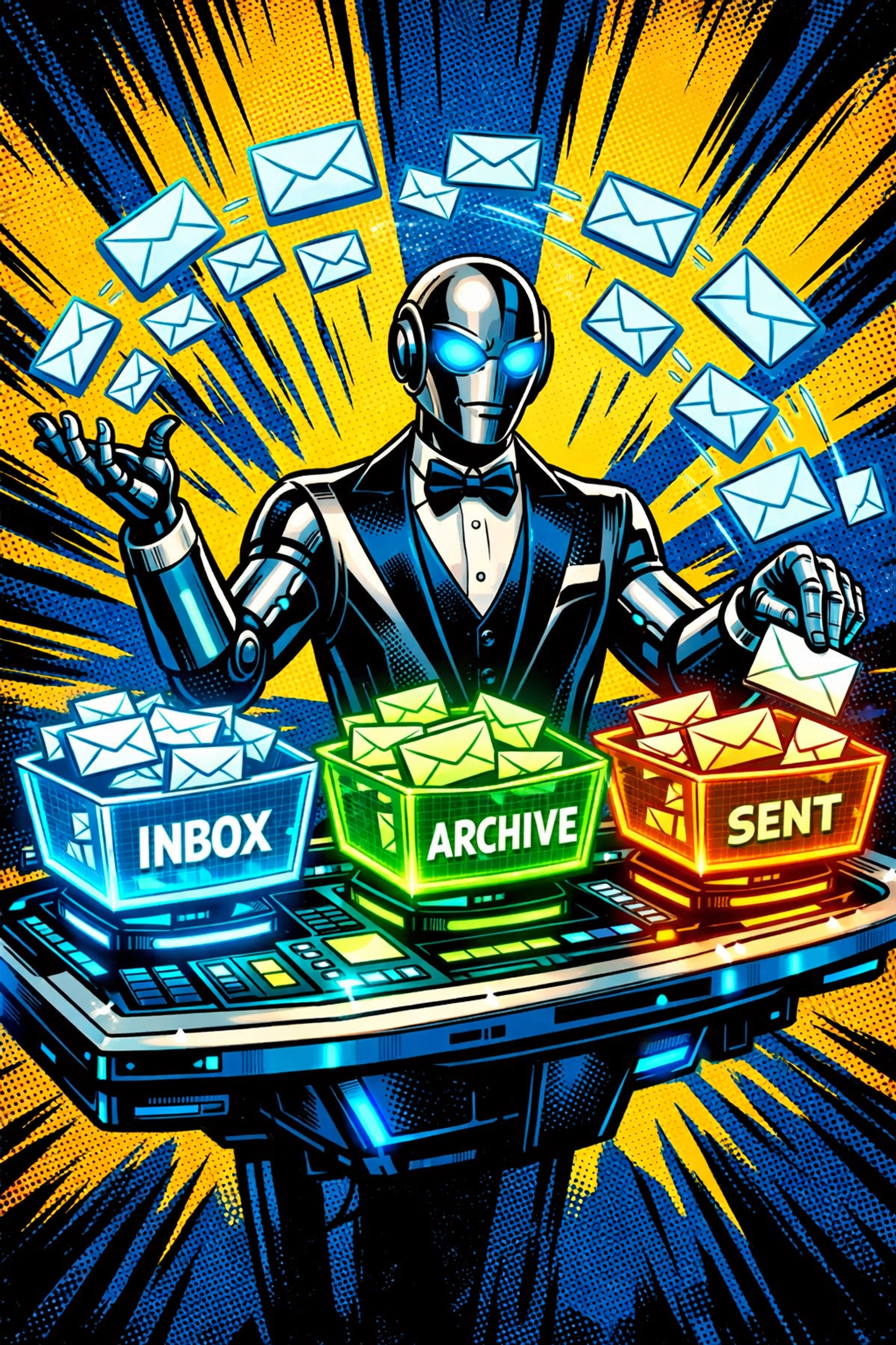 AI robot butler organizing digital emails to demonstrate efficient ai business automation.