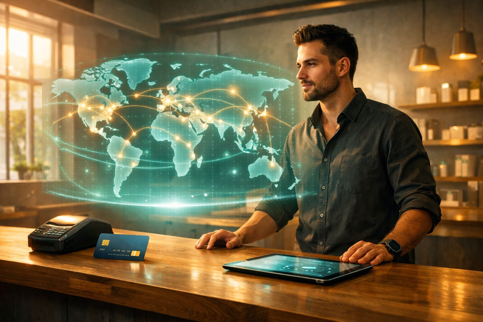 Empowered merchant using Web3 global payment solutions and push-to-card services in a modern store.