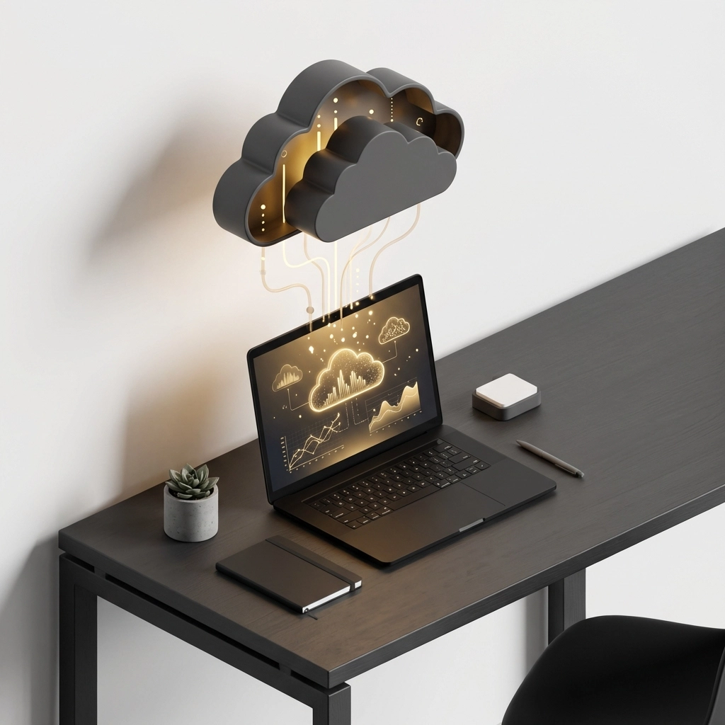 Minimalist office desk with cloud visuals illustrates cloud solutions for small business IT support in the UK