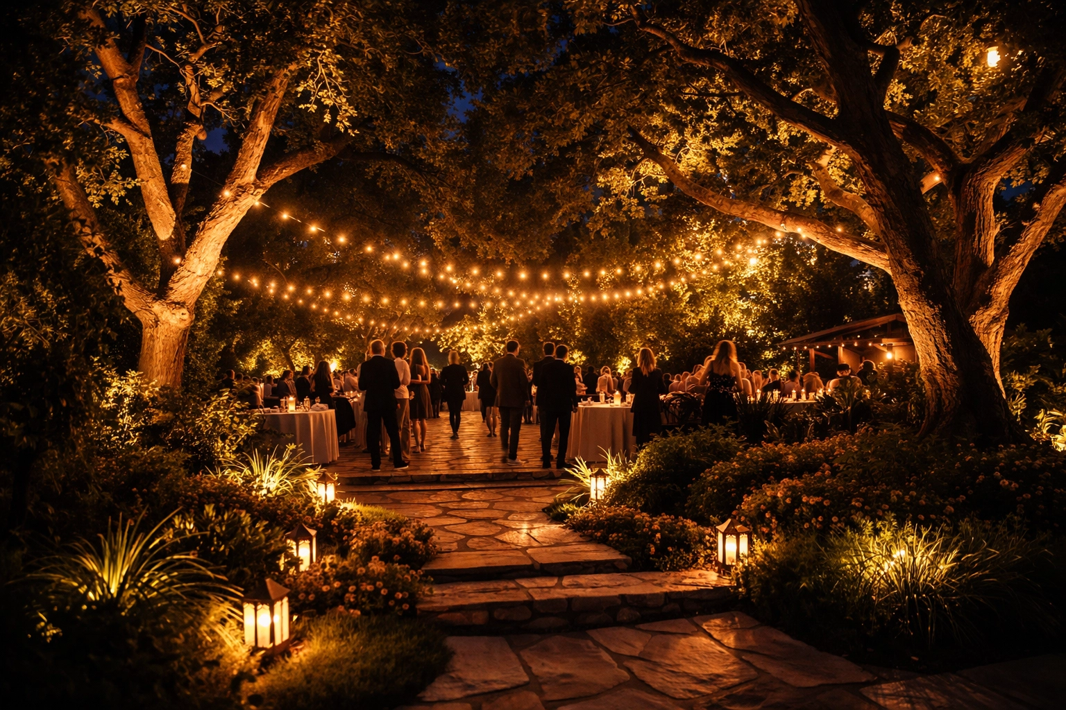 Nighttime backyard Derby party with warm landscape and string lighting, guests mingling, and illuminated garden pathways