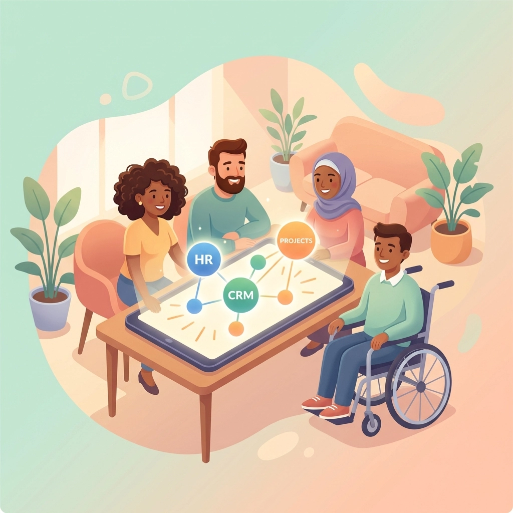 Diverse small business team collaborating around unified HR, CRM, and project management platform.