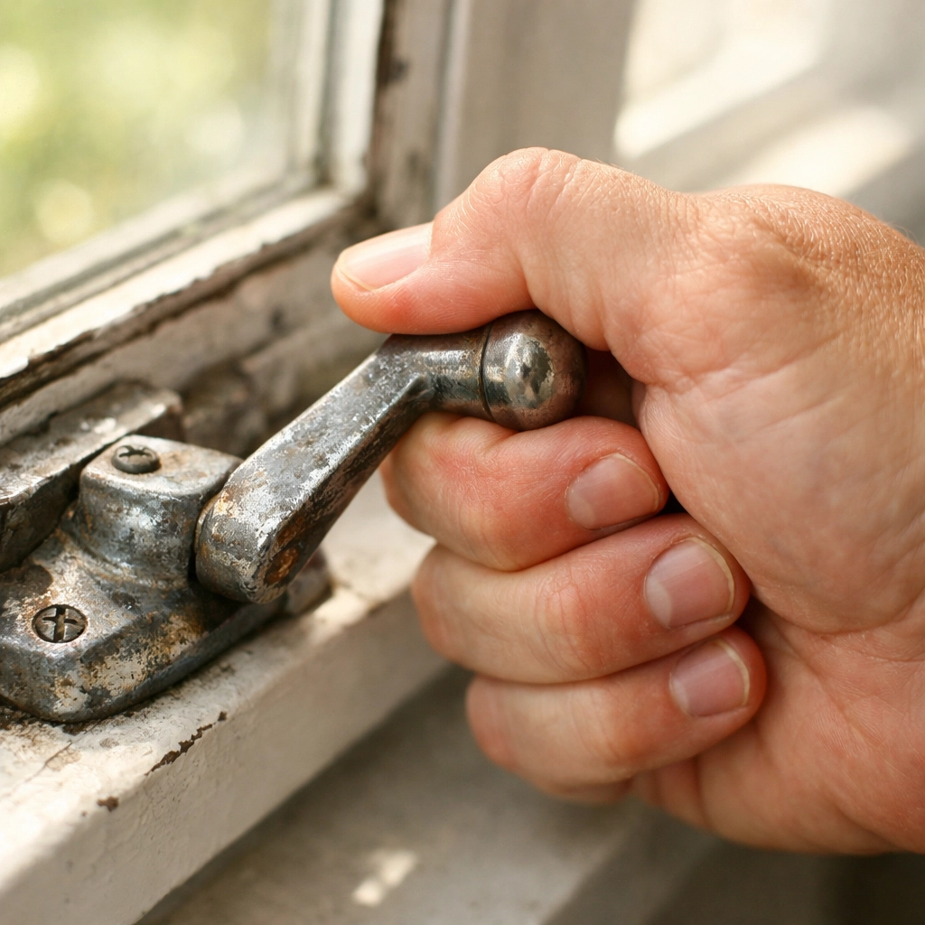 A hand struggling with a broken and rusty casement window crank in the GTA.