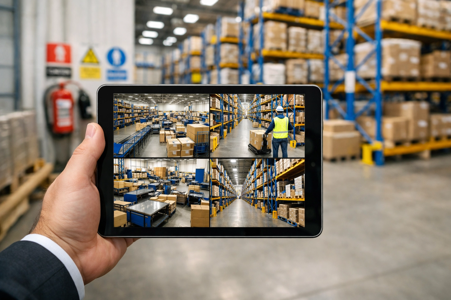 Business owner monitoring a UK warehouse via a multi-camera CCTV app on a tablet device.