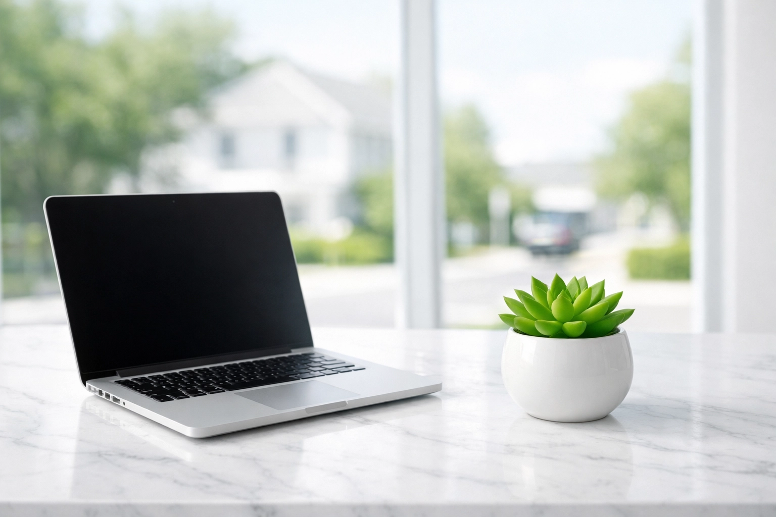 Modern workspace with a laptop used for identifying local business keywords and SEO strategy.