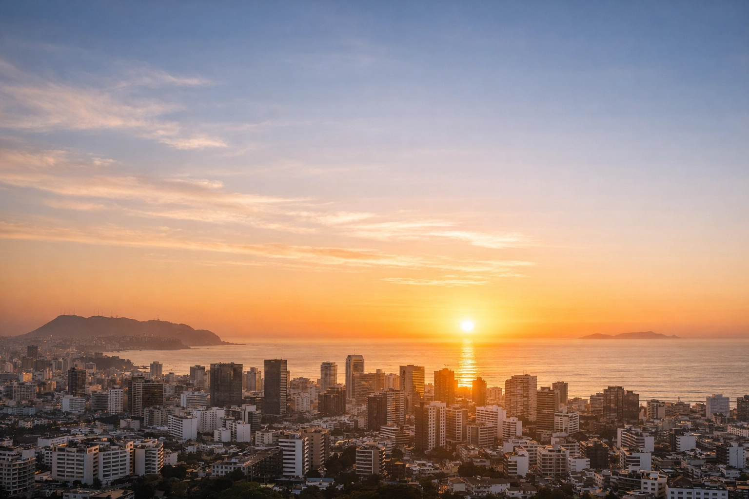 A golden sunrise over Lima, representing a fresh start and spiritual hope after the Festival of Hope.