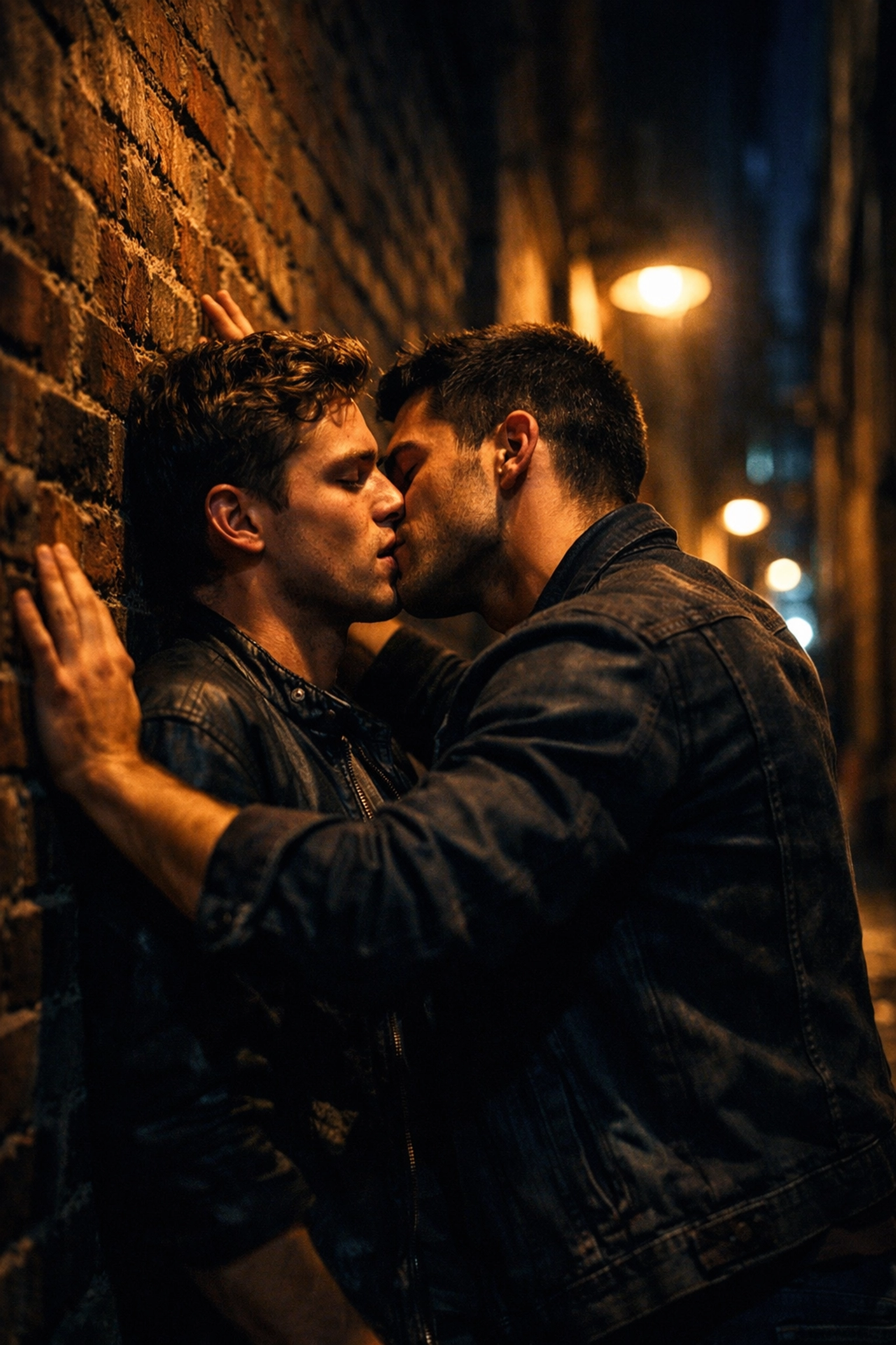 Two men sharing an intimate moment in a dimly lit alleyway - classic MM romance public space trope