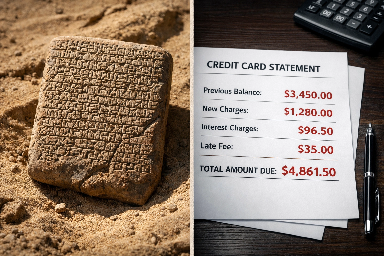 Ancient Babylonian debt tablet beside modern credit card statement showing parallels in financial systems