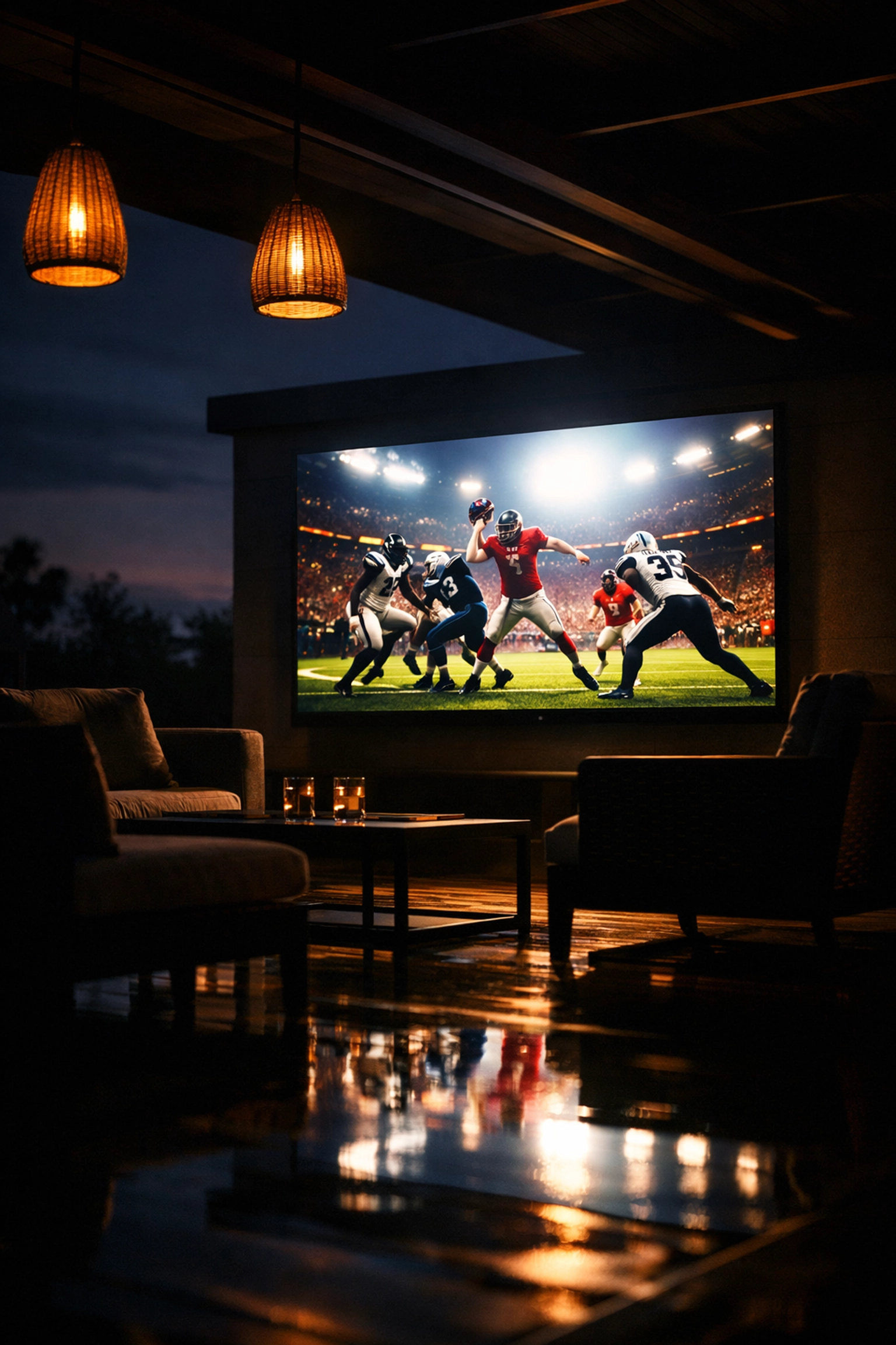 High-brightness outdoor TV mounted on covered patio for backyard entertainment