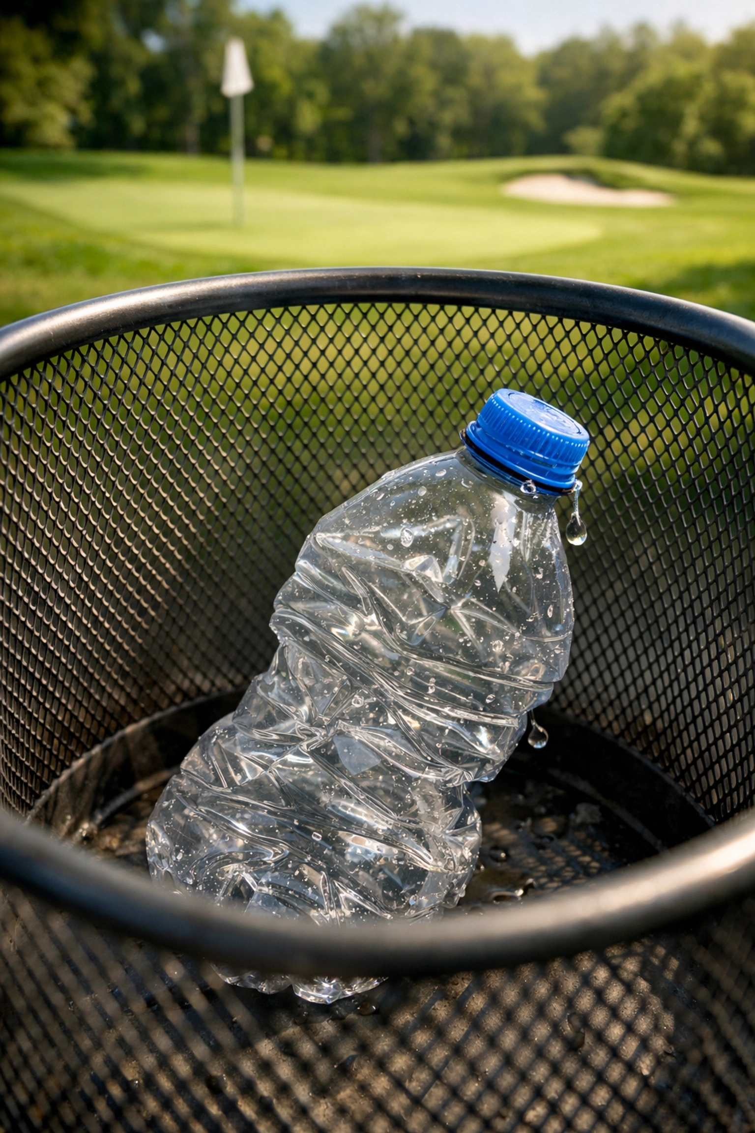 Cheap plastic water bottle in a trash bin at a golf outing, representing wasteful promotional items.