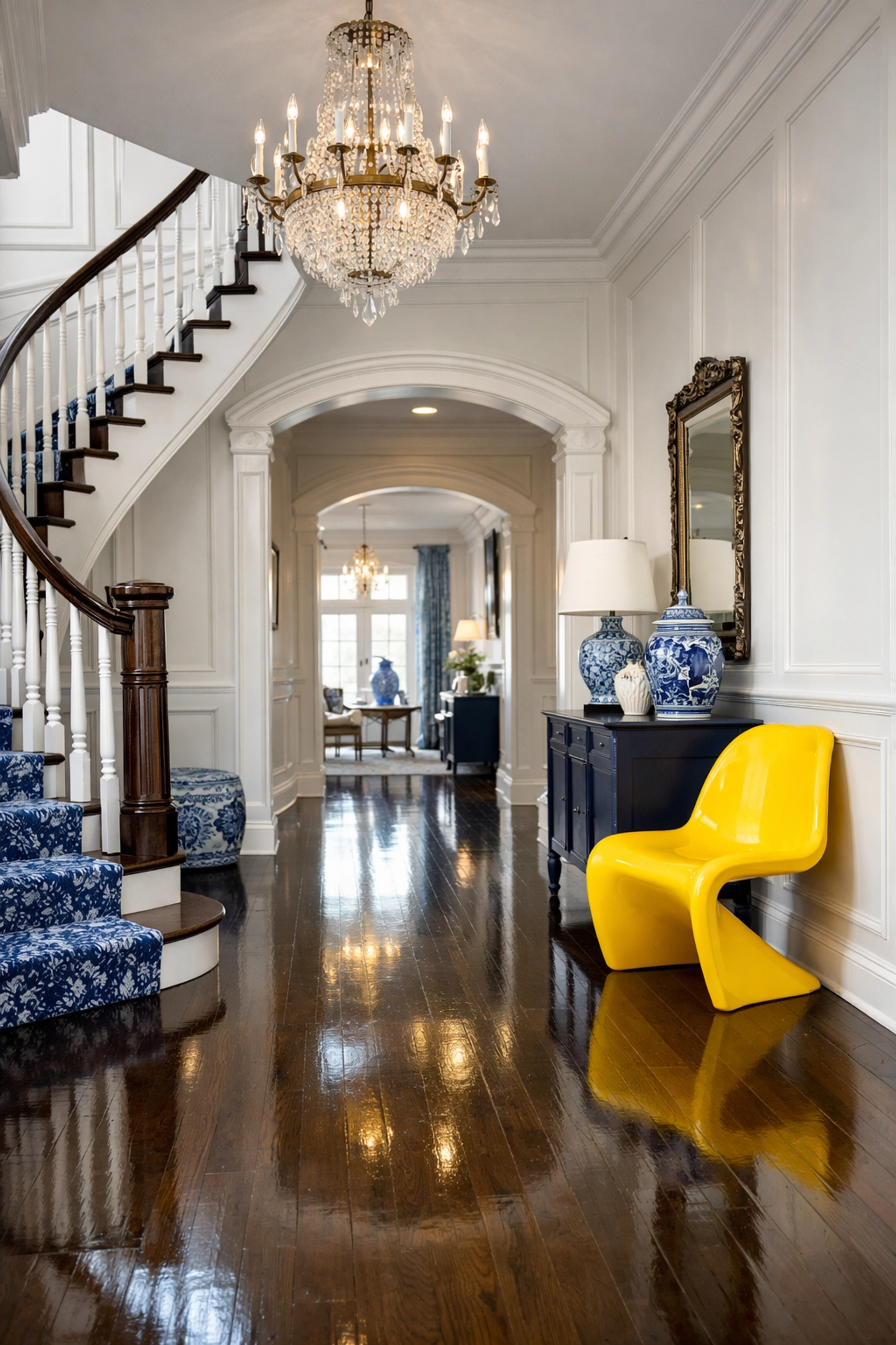 Elegant home entryway with polished hardwood floors and professional white-glove cleaning maintenance.