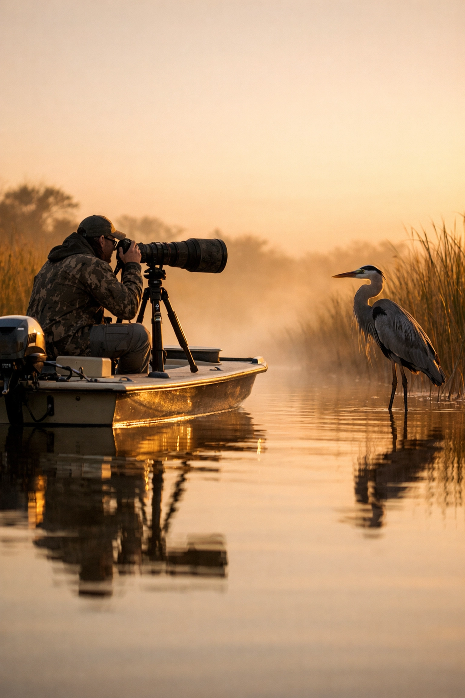Photographer on a private Everglades boat tour capturing a Great Blue Heron during golden hour.