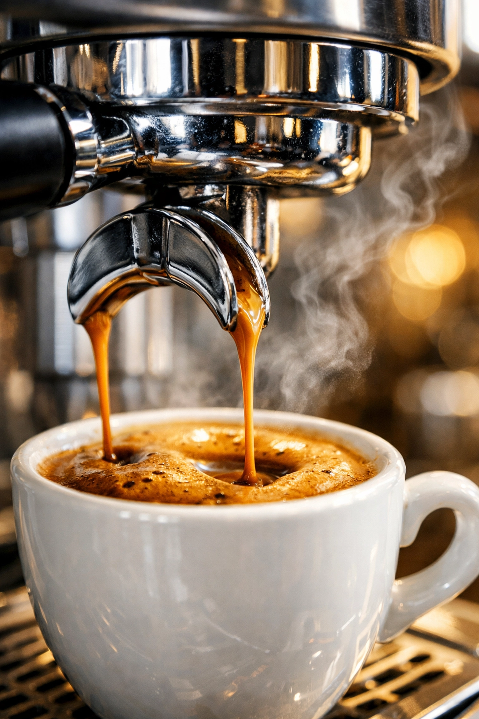 Professional espresso machine portafilter extracting rich coffee with thick crema into a ceramic cup.