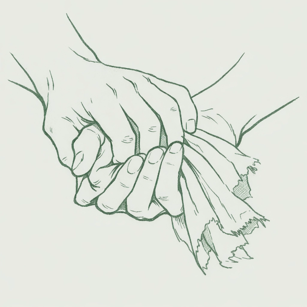 Gay couple's intertwined hands holding fabric symbolizing trust and physical intimacy