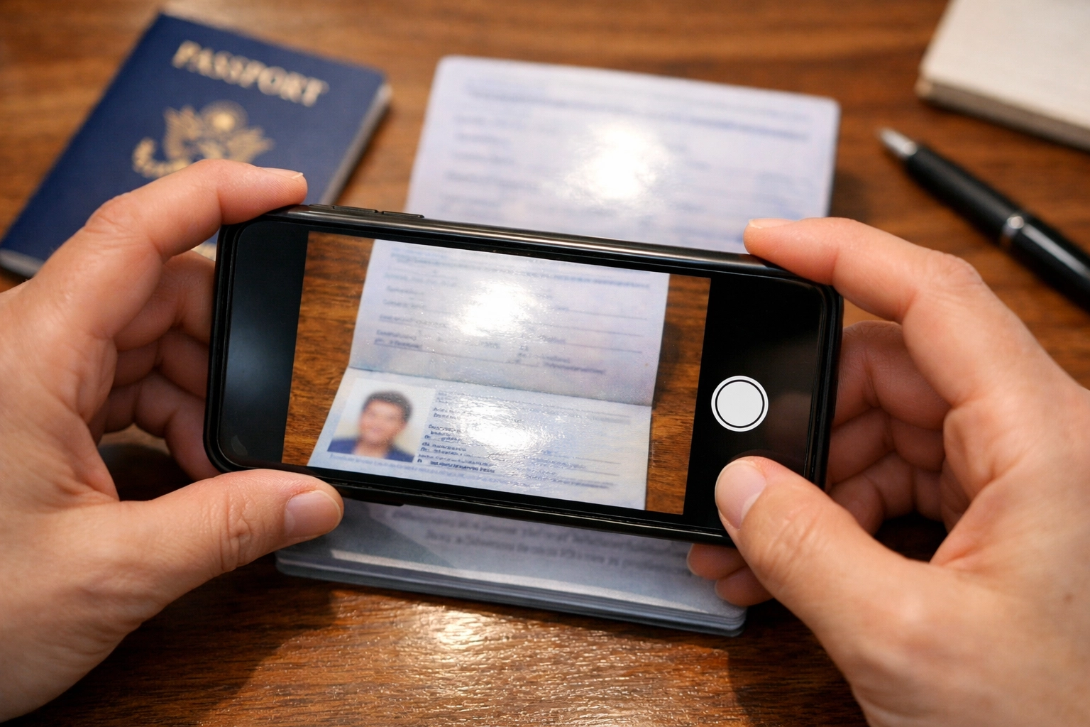 Taking passport photo with smartphone showing common glare and quality issues for visa upload
