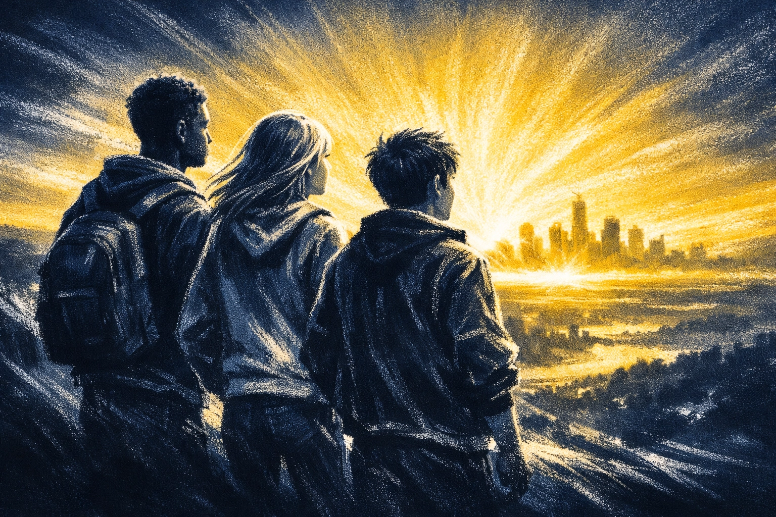 Diverse Memphis teenagers looking at a glowing horizon, representing their divine calling and mission.