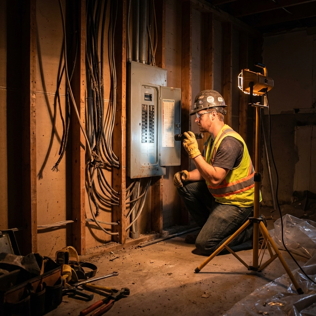 Electrician inspecting old Edmonton basement electrical panel and exposed aluminum wiring during renovation